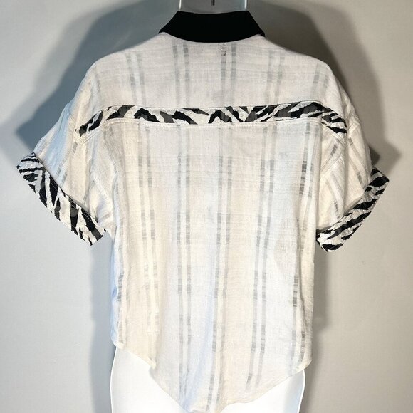Kam Kam 80's Women's SZ L Ivory & Black button down Grunge Edgy Moto Animal - Picture 4 of 7